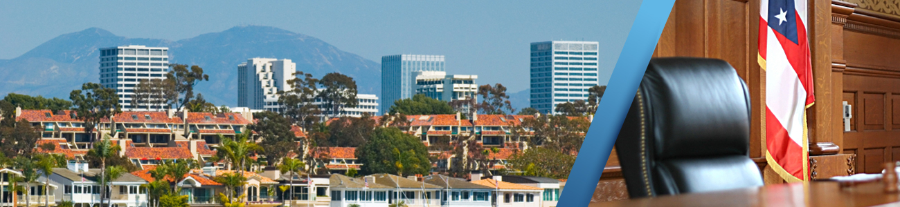 Split image showing a coastal city skyline with mountains in the background on the left and an empty courtroom with a judge's chair and American flag on the right.