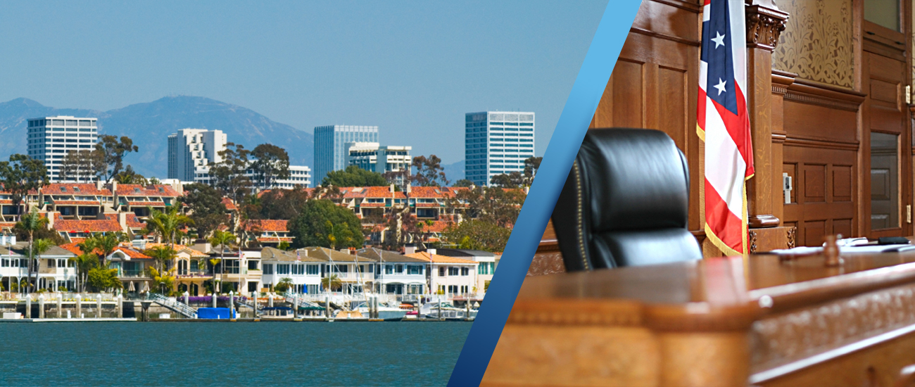 Split image showing a coastal city skyline with mountains in the background on the left and an empty courtroom with a judge's chair and American flag on the right.